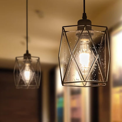 Black Pendant Light Over Table Cage Blown Clear Seeded Glass Farmhouse Hanging Light Fixture Industrial Adjustable Cord for Kitchen Island Dining Room Above Sink