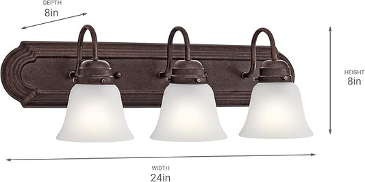 Kichler 3-Light Bathroom Vanity Light Fixture with Satin Etched Glass in Tannery Bronze, Traditional Wall Light for Bathroom Above Mirror (24" x 8" x 8"), 5337TZS