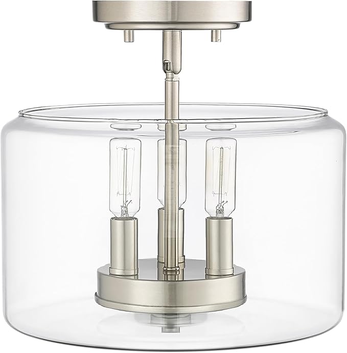 ML Lighting | Asheville Collection | 46923-BN | Metal 3-Light Semi-Flush in Brushed Nickel with Clear Glass Shade | for Compact Spaces Close to Ceiling | Modern Design with an Heirloom Quality