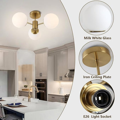 3 Lights Semi Flush Mount Ceiling Light Mid Century Modern Brass Ceiling Light Milk Glass Sputnik Small Chandelier for Bedroom Dinning Room Foyer Hallway