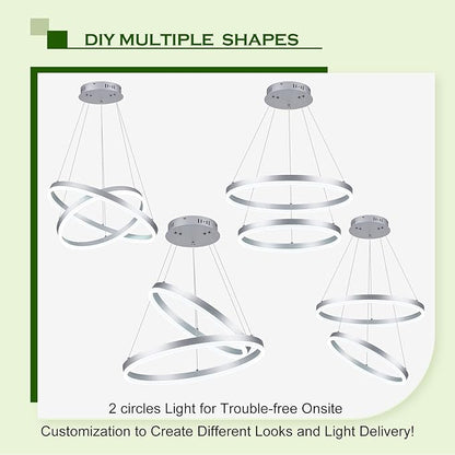 Benkut 2-Rings Modern LED Chandelier Silver for Dining Room, Circular Flush Mount Ceiling Chandelier Light Dimmable Pendant Light with Remote Control for Living Room Entrance Foyer, 3000K-6500K
