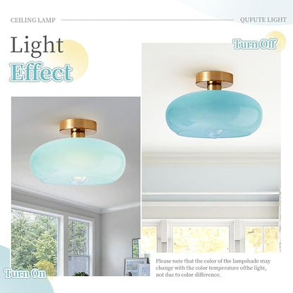Blue Close to Ceiling Light Fixture Vintage Flush Mount Ceiling Lights 11" Round Thickened Glass Shade Gold Mid Century Semi Flush Mount Light Hallway Entrance Lighting Fixtures
