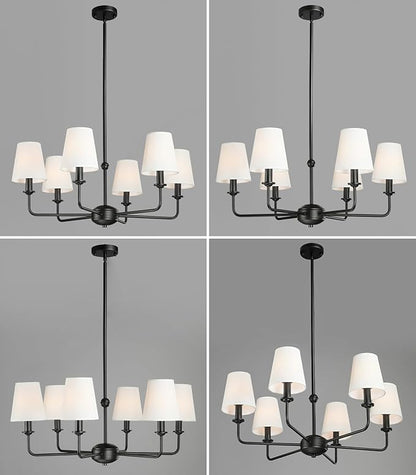 6-Light Black Pendant Chandelier with Fabric Shades, E12 Base - Farmhouse & Industrial Style for Kitchen, Living Room, Dining Room, or Bedroom Lighting
