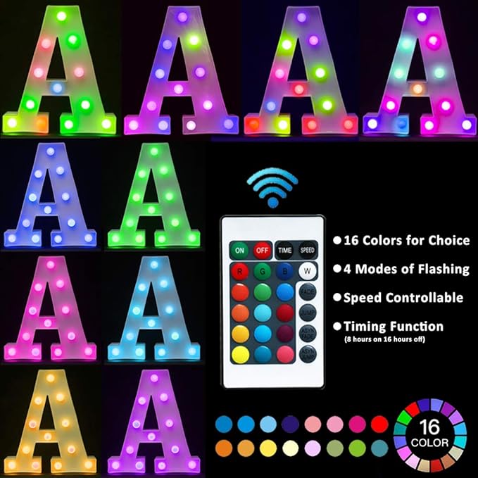 Pooqla Colorful LED Marquee Letter Lights with Remote – Light Up Marquee Signs – Party Bar Letters with Lights Decorations for The Home - Multicolor Q