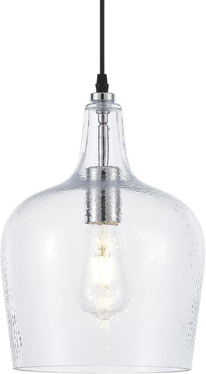10”Chrome Hammered Glass Pendant Light Modern 1 Light Single Dome Pendent Lighting Fixtures for Kitchen Island Dining Room Hallway, UL Listed