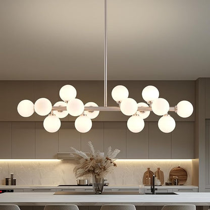 Glass Globe Sputnik Chandelier, 16-Light Mid Century Modern Light Fixture Over Table, Linear Chandeliers for Dining Room, Kitchen Island, Nickel and Milk White Bubble, 40 Inch, GC-02