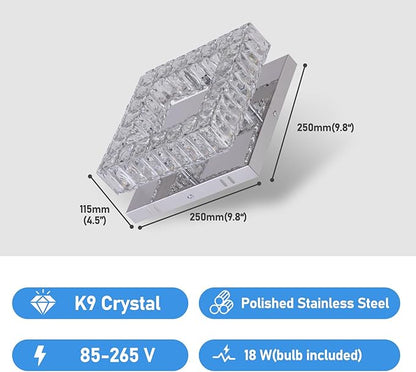 Dimmable Square Crystal Chandelier LED Mini Ceiling Light with Remote Flush Mount Small Chandelier Light for Hallway Foyer Kitchen Stair Closet, 3 Colors Adjustable Dimmable