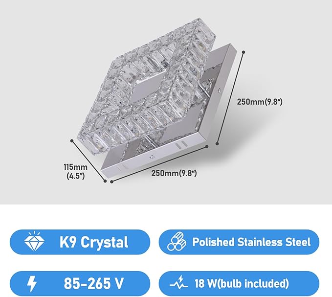 9.8" Modern Mini LED Chandelier Square Crystal Ceiling Light Flush Mount Ceiling Light for Hallway Foyer Kitchen Closet 3000 K Warm White