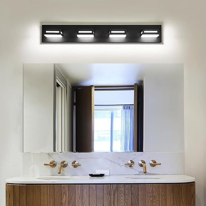 LED Modern Bathroom Light Fixtures, 4-Light 30-Inch Matte Black Vanity Lights for Bathroom Lighting Fixtures Over Mirror, 6000K Cool White 350° Rotatable Wall Lamp