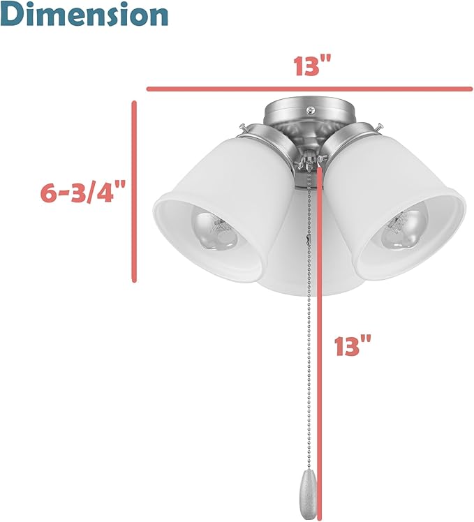 Aspen Creative 22011-2, Three-Light Ceiling Fan Light Kit with Pull Chain, Brushed Nickel Finish with Frosted Glass Shades, 13" Diameter x 6-3/4" Height