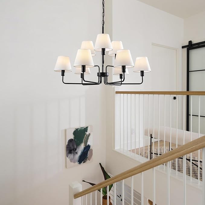 Farmhouse Chandeliers for Dining Room with White Fabric Shades,33”Black Light Fixture Chandelier,9-Lights entryway chandelier for foyer,2 Tiered Lantern Farmhouse Pendant Light for Living Room,Kitchen