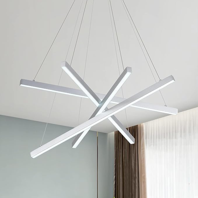 Modern 4-Light Dimmable LED Linear Chandelier Pendant Light, 6000K Cool White Adjustable Hanging Lighting Fixture for Kitchen Island, Dining Room, Office, Silver Metal Commercial Home Lighting