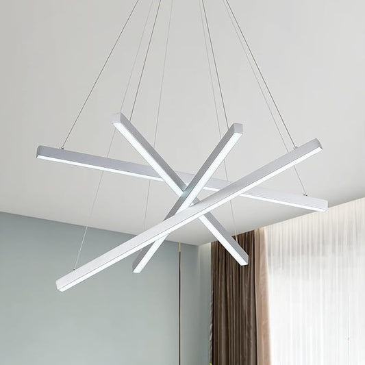 Modern 4-Light Dimmable LED Linear Chandelier Pendant Light, 6000K Cool White Adjustable Hanging Lighting Fixture for Kitchen Island, Dining Room, Office, Silver Metal Commercial Home Lighting