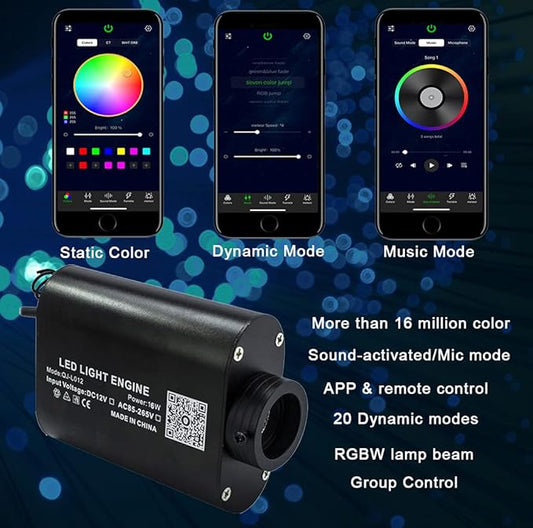 AZIMOM Bluetooth 16W RGBW Fiber Optic Lights Star Ceiling Lighting Kits 450pcs 0.03in 9.8ft Music Sound Activated APP Remote Control Car Home Headliner Decor