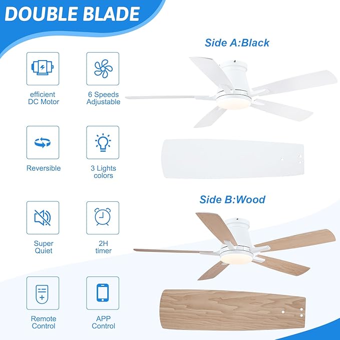 Surtime 52" Ceiling Fans with Lights-Low Profile Ceiling Fan with Light and Remote/APP Control,Flush Mount,White Ceiling Fans for Bedroom,Indoor/Outdoor Patio Use