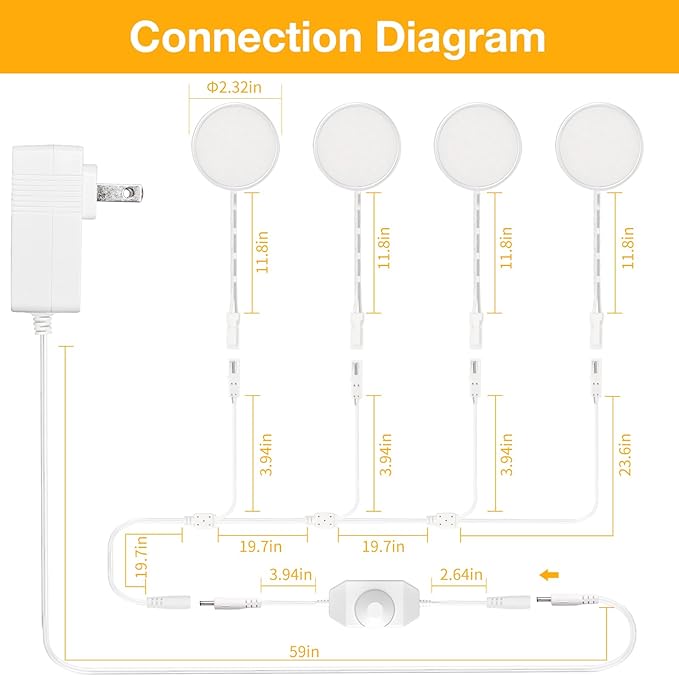 WOBANE Dimmable LED Puck Lights, Under Cabinet Lighting with Switch, Plug in Under Counter Lighting for Shelf, Closet, Cupboard, Bookcase, Display, Super Bright, 2700K Warm White, 4 Pack