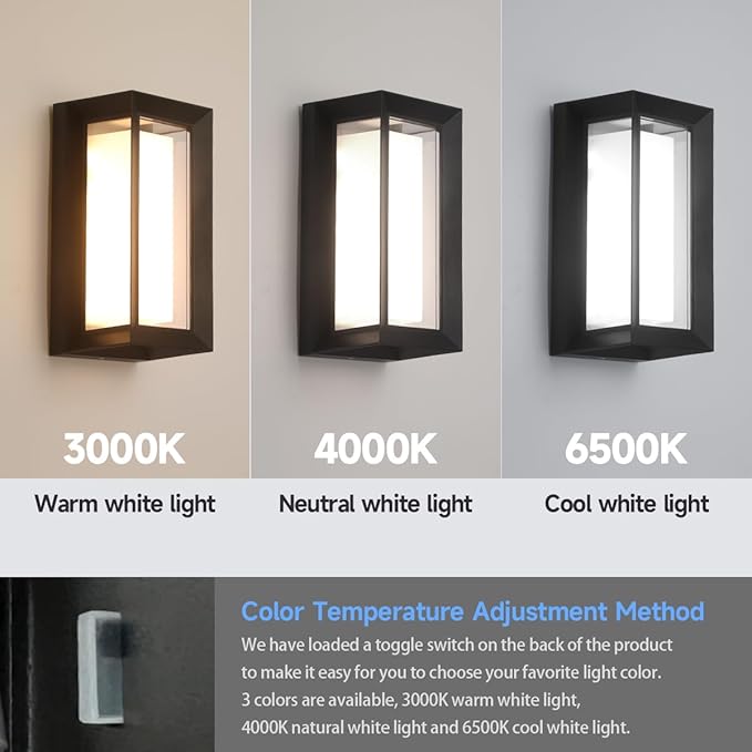 2-Pack 24W Modern LED Wall Sconces, ETL Certified, 3000K/4000/6500K Color Adjustable, 10-100% Dimmable Outdoor Wall Lights, 2160LM IP65 Waterproof Exterior Lighting Fixtures for Porch, Patio
