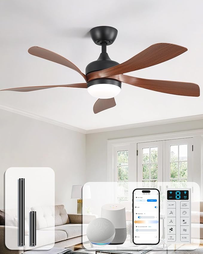 Sofucor 45" Smart Ceiling Fan, Indoor/Outdoor Ceiling Fans with Lights and Remote, Compatible with Alexa/Google/App, 3-Color Light 6-Speed Timing Reversible DC Motor for Bedroom Living Room Patio