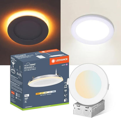 LEDVANCE 6" Night Ring Recessed Ceiling Downlight with Night Light, 12W, Recessed Lighting with 5 CCT (2700K/3000K/3500K/4000K/5000K), 1000 LMS, 90 CRI, Energy Star, Damp Rated - 1 Pack (65793)
