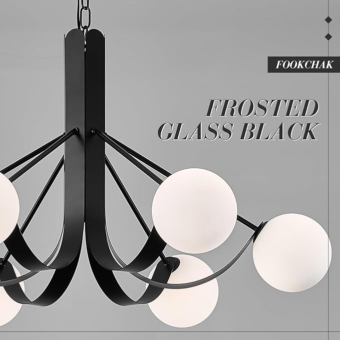 Modern Living Room Chandelier with Chain 33in Frosted Glass Kitchen Chandeliers Sputnik Black Dining Table Light Fixture 6 Light Mid-Century Chandeliers Light for Bedroom Entry Foyer