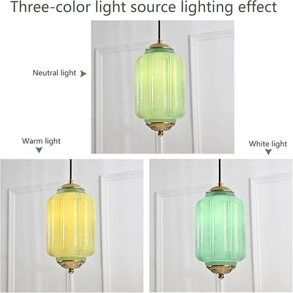 Milk Glass Pendant Light, 5.5 Inch Green Adjustable Cord Hanging Lamp, Dimmable E26 Base Vintage Pendant Light Fixture for Bedroom Bathroom Entryway