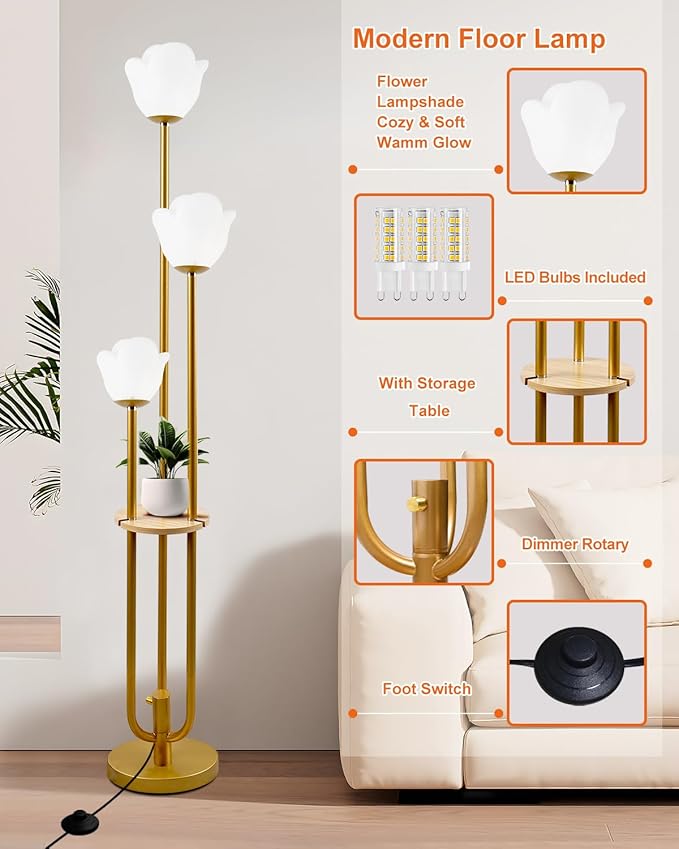 63IN Floral Floor Lamp with Table, 3-Lights Dimmable Flower Floor Lamps for Wedding Party, 3000K Warm White Modern Tall Standing Lamp with 5Lbs Heavy Base for Living Room/Bedroom