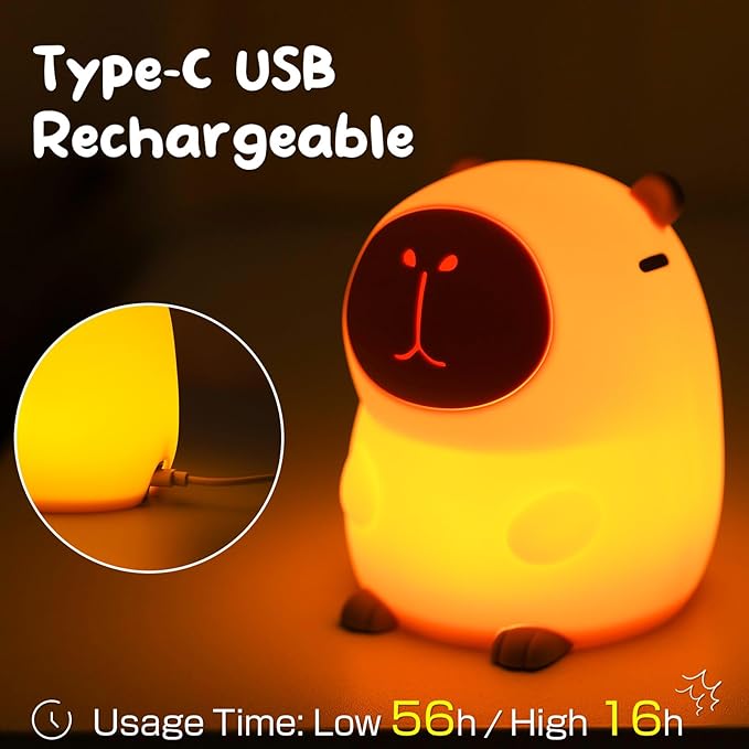 Capybara Night Light Cute Squishy Silicone Nursery Nightlight Dimmable Rechargeable Animal Bedside Lamp with Timer & Tap Control, Christmas Gift