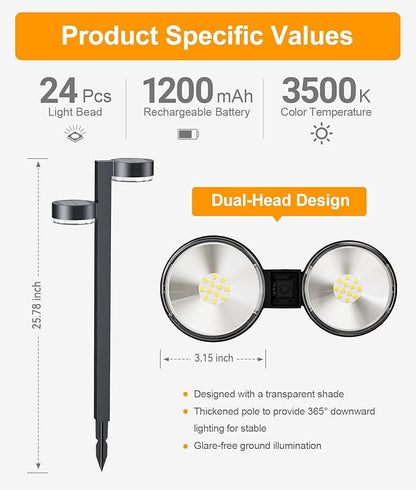 Brighter Solar Pathway Lights Outdoor, 6 Pack Dual-Head Solar Lights Outdoor Waterproof with 12 Head & 24 LED, Solar Powered Garden Light for Yard Path Walkway Driveway Sidewalk
