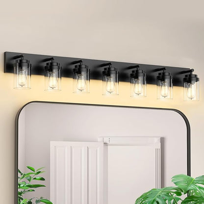 IZORRO Bathroom Vanity Light Fixture, 7-Light 52 inch Matte Black Bathroom Light Fixtures Over Mirror, with Clear Glass Shade, Modern Farmhouse Vanity Lights, Rustic Restroom Lighting Fixtures