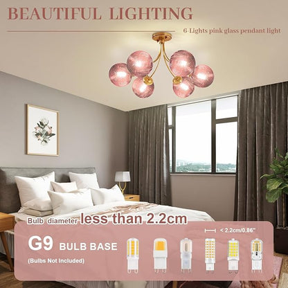 Modern Pink Chandelier 6-Lights Gold Ceiling Pendant Light with Striped Glass Shades Large Globe Chandelier Mid Century Flush Mount Ceiling Light Fixture for Dining Room Living Room