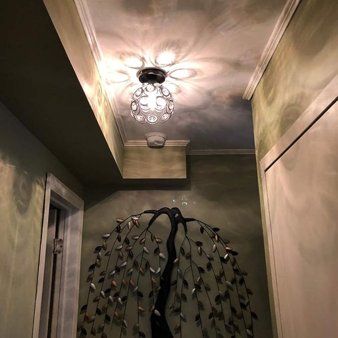 TISLYCO Modern Chandelier Crystal Ceiling Hallway Light, Mini Semi Flush Mount Ceiling Light Fixture Mini Chandelier, Antique Black Metal Crystal Chandelier Lamp Entryway Bedroom Bathroom Kitchen