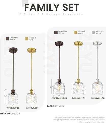 zeyu Vintage Glass Hanging Lights 2 Pack, Kitchen Pendant Lights, Ceiling Hanging Light Fixtures with Clear Hammered Glass, Brushed Gold Finish, ZJF63MIL-L-2PK BG