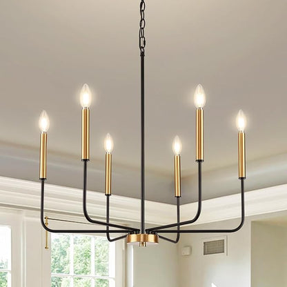Modern Black and Gold Chandelier for Dining Room,Metal 6-Light Kitchen Light Fixtures,Farmhouse Candle Hanging Pendant Lights for Living Room Entryway Foyer Bedroom (Bulb Not Included)