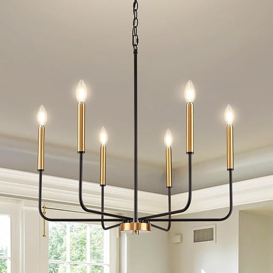 Modern Black and Gold Chandelier for Dining Room,Metal 6-Light Kitchen Light Fixtures,Farmhouse Candle Hanging Pendant Lights for Living Room Entryway Foyer Bedroom (Bulb Not Included)