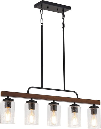 Farmhouse Chandelier 5-Light Dining Room Light Fixture Over Table Kitchen Island Lighting Rustic Chandeliers for Dining Light with Seeded Glass Shade Wood Pendant Lights Kitchen Island