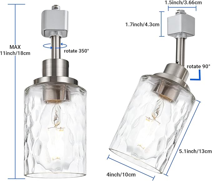 4 Pack H Track Lighting Replacement Heads Brushed Nickel Track Lighting Fixtures with Clear Clear Hammered/Water Ripples Glass H Type Track Light Heads Ceilig Spotlight for Retail Shop Kitchen