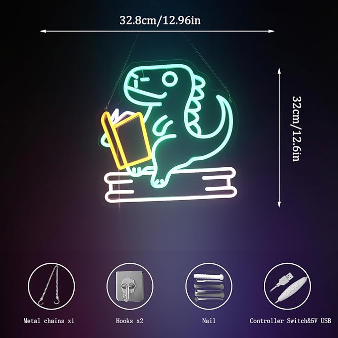 Reading Dinosaur Neon Sign, Book Lover Led Neon Light, Bookish LED Sign, Bookworm Reading Club Light, Kid's Room Decor, Game Room Wall Art, Christmas & Birthday Gifts