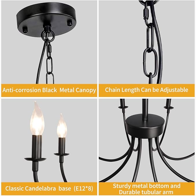 Black Farmhouse Chandeliers, 8 Light Rustic Iron Chandeliers, Classic Candle Ceiling Hanging Pendant Light Fixture for Living Room, Kitchen Island, Foyer, Dining Room Lighting Fixtures