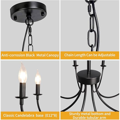 Black Farmhouse Chandeliers, 8 Light Rustic Iron Chandeliers, Classic Candle Ceiling Hanging Pendant Light Fixture for Living Room, Kitchen Island, Foyer, Dining Room Lighting Fixtures
