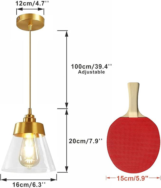 Modo Lighting Glass Pendant Light Metal Antique Brushed Brass Pendant Light Fixtures with Clear Glass Shade Modern Adjustable Hanging Light for Living Room Kitchen Island, Gold