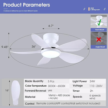 Kviflon 36 Inch Modern Ceiling Fans with Lights, Small Flush Mount Ceiling Fans, Remote/APP Control, 5 Reversible Curved Blades, 6 Speeds, 3 CCT Dimmable Lights for Kitchen Bedroom, White