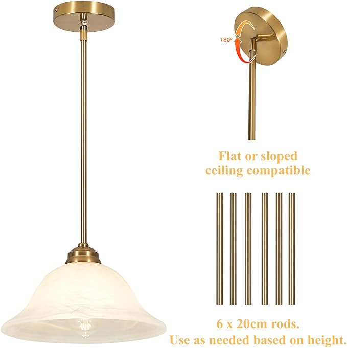 Modern Alabaster Glass Pendant Light Adjustable Rod Pendant Lighting Fixture for Kitchen Sink Bar Dining Room, 12“D (Brass)