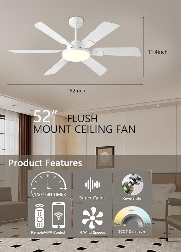JSAITEE 52 Inch Low Profile Ceiling Fan with Lights, Remote & APP Control, 3CCT Dimmable, 6 Blades 6 Speed Ceiling Fans, Quiet Reversible DC Motor, Modern White Ceiling Fan for Bedroom Living Room