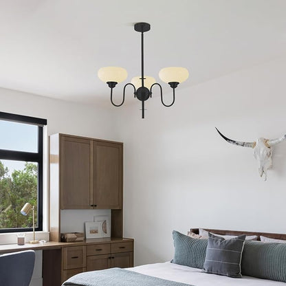 BOKT 3 Light French Chandeliers for Dining Room, Black Farmhouse Chandelier for Bedroom, Small Chandelier with Milk White Bowl Glass Shades