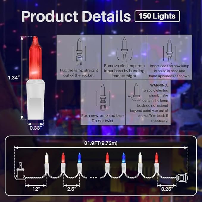 LAMPHOME Red White and Blue Mini String Lights, 31.9FT 150 Lights 4th of July Patriotic Lights White Wire, Red White Blue Fairy Lights for Indoor Outdoor Independence Day Memorial Day Tree Decoration