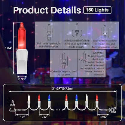 LAMPHOME Red White and Blue Mini String Lights, 31.9FT 150 Lights 4th of July Patriotic Lights White Wire, Red White Blue Fairy Lights for Indoor Outdoor Independence Day Memorial Day Tree Decoration