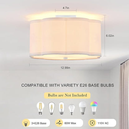 Modern Drum Semi Flush Mount Ceiling Light Fixture Modern 12.99” White 3-Lights Drum Ceiling Lighting Vintage Linen Ceiling Lamp for Kitchen, Basement, Dining Room, Bedroom, Laundry Room