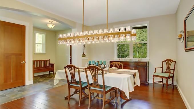 54 Inch Gold Crystal Linear Chandelier, Modern Large Rectangle 60-Lights Pendant Lighting Fixture Adjustable Height, for High Ceilings Kitchen Island, Over Table Dining Room