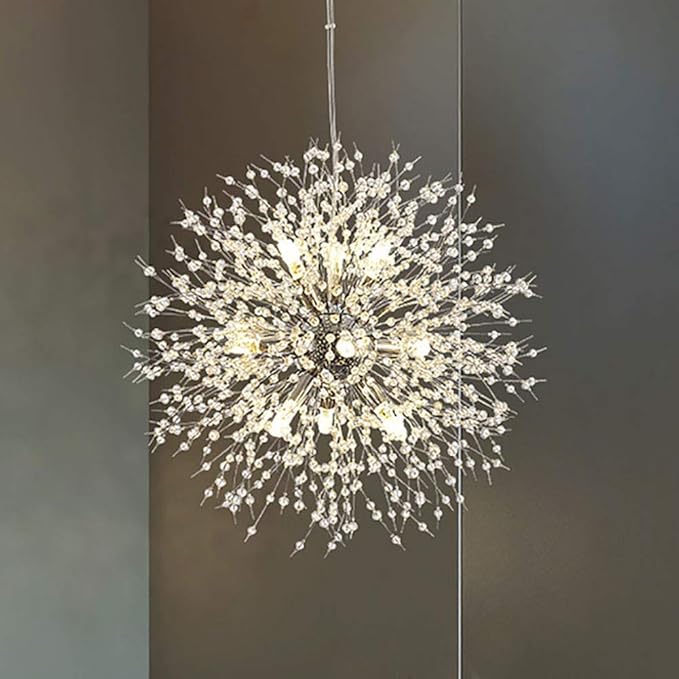 Modern Dandelion Firework Chandelier, Chrome Bathroom Chandelier, Crystal Hanging Pendant Lighting Fixture for Dining Room, Bedroom, Entryway, Foyer, 9-Light
