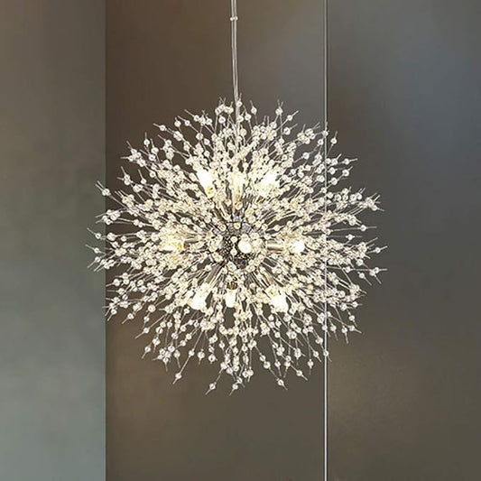 Modern Dandelion Firework Chandelier, Chrome Bathroom Chandelier, Crystal Hanging Pendant Lighting Fixture for Dining Room, Bedroom, Entryway, Foyer, 9-Light